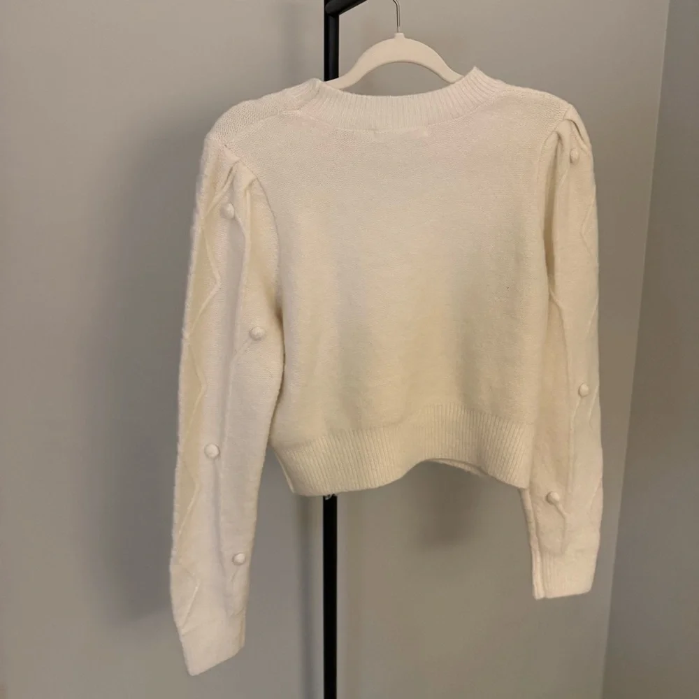 Cottagecore Cream Knit Sweater Cropped Textured Pom Pom Pullover Small - Picture 2 of 3
